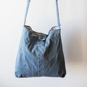 Handmade Upcycled Light Blue Denim Tote Bag with Button Closure